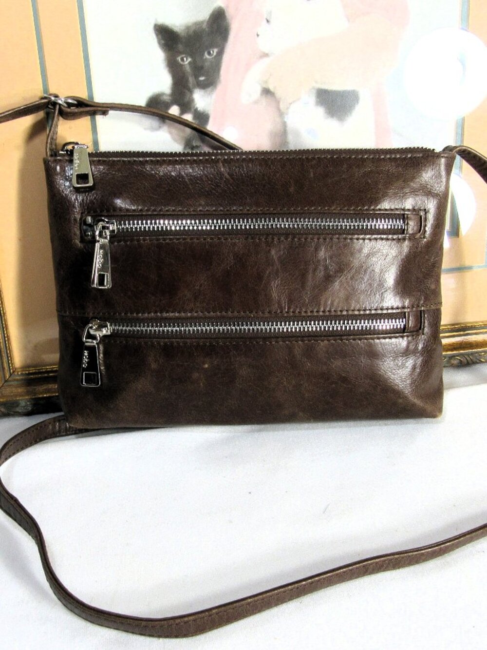 HOBO INTERNATIONAL BROWN XBODY BAG LOTS OF POCKETS GENUINE LEATHER - Picture 2 of 13
